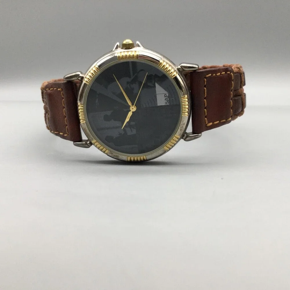 SAP Mens Watch 33mm Black SAP Logo Dial Brown Leather Strap Two Tone New Battery